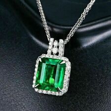 4Ct Emerald Cut Green Emerald Diamond Halo Pendant Necklace 14K White Gold Over