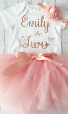 FLORENCE LILY BOUTIQUE Luxurious Girls 2nd Second Birthday Outfit Tutu Skirt Personalised Peach Hat UK