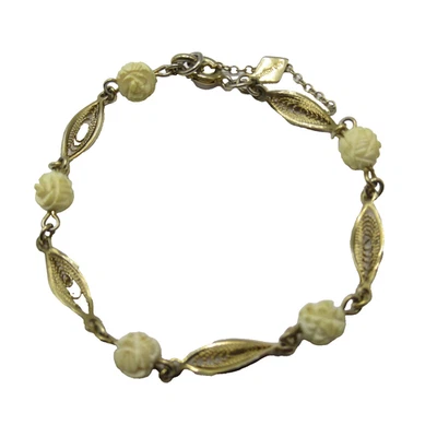 Сара Ковентри не совсем белый резной розовые бусины золотистый лист ссылка браслет винтажный - Изображение 1 из 2