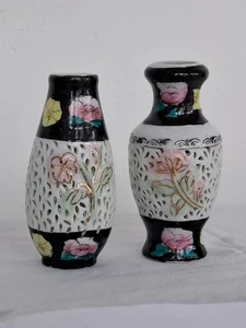 Pair Chinese Style Miniature Vases Hand Painted Porcelain Black Floral 10cm - Picture 1 of 13