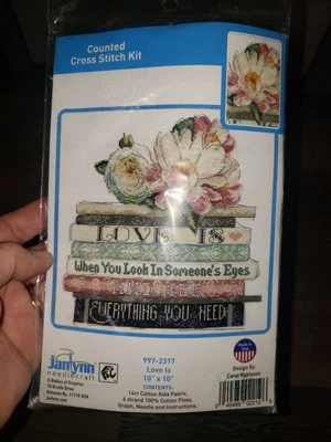 Новый винтажный набор для вышивки счетным крестом Janlynn Love Is Need стек книг для чтения с цветочным рисунком - Изображение 1 из 4