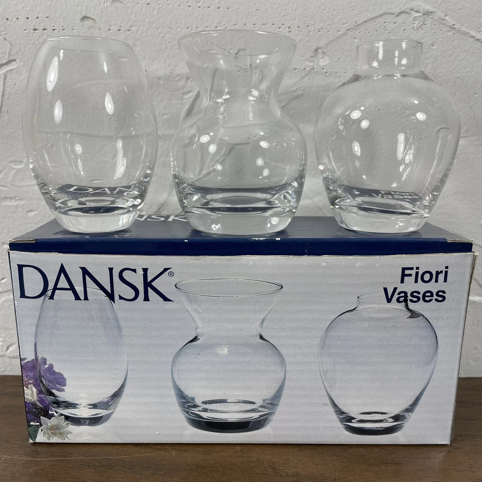 Juego de 3 jarrones DANSK Fiori de vidrio transparente en caja original de 3 pulgadas Foto 1 de 4