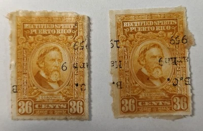 LOTE DE 2: Estampilla de ingresos de Puerto Rico de Estados Unidos Scott RE42 36¢ Impuesto de ron licores rectificados Foto 1 de 3