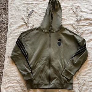 Adidas olive Green full Zip-Up Hoodie Black Stripes kids girls size large L 14 - Picture 1 of 11