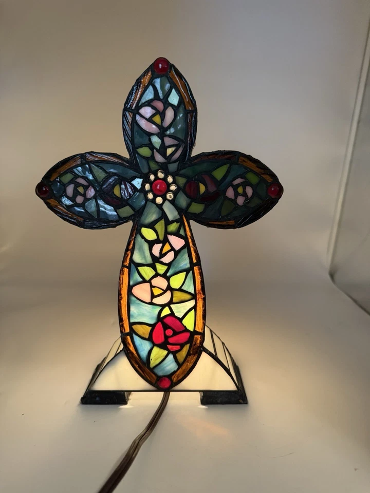 Dale Tiffany Real Stained Glass Cross Table Light Lamp Flowers Roses 12.5" Tall - Image 1 of 4
