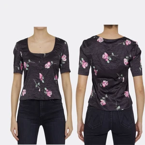 GANNI Crinkled Satin Floral Blouse Black Size 36 (FR) Short Sleeve Snap Button - Picture 1 of 5