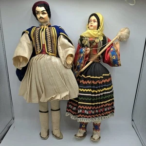 Vintage Greco Donna Uomo Bambole Souvenir 13-14" Alto Costume Tradizionale Arte Popolare  - Foto 1 di 11