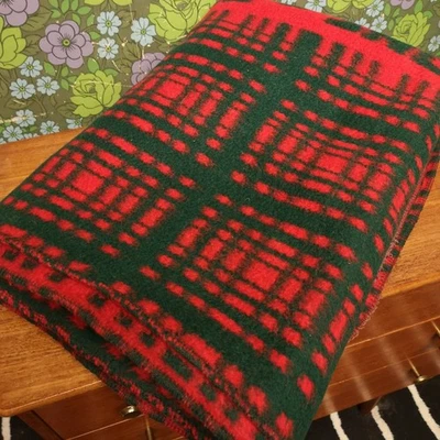 French Overnight Train Red & Green Wool Sncf Logo Plaid Stripes Made in France - Image 1 of 4