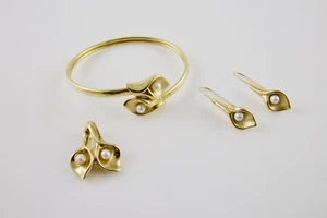 JTL Israel 14 K Gold & Pearl Calla Lily Bracelet Pendant Slider Earring Set - Picture 1 of 18