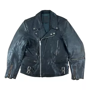 1970s Black Leather Biker Jacket Motorcycle German zip up Mens Small 38 - Picture 1 of 8