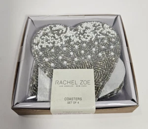 NIB Rachel Zoe White Beaded Heart Shaped Coasters Set of 4 Glamour Hollywood - Picture 1 of 6