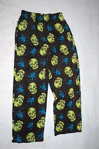 Boys Pajama Pants BLACK FLEECE Sleep GREEN TURQUOISE SKULLS 2 Pockets S 6-7 - Picture 1 of 1