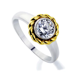 Women Rhodium Plated Sterling Silver 2Tone Roud 1 carat CZ Bezel Engagement Ring - Picture 1 of 3