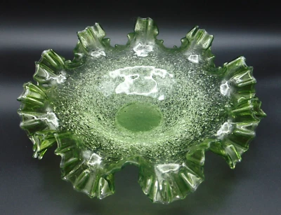 10" Antique Bohemian Victorian Green Crackle & Overshot Art Glass Brides Bowl - Image 1 of 4