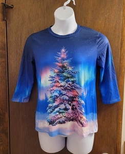 Holiday Editions 3/4 Sleeve Christmas Night Sky Tree Tee Shirt Size Small Blue - Picture 1 of 6