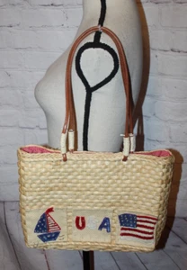 QVC Corn Husk Straw Purse USA Flag Boat Red White Blue 4th of July *EUC* - Picture 1 of 3