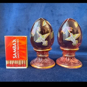 Vintage Fenton Glass Hand Painted Egg Set of 2 Pink by J Cutshaw #55 & 114/2500 - Picture 1 of 9