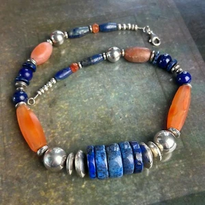 Chunky Blue Lapis Lazuli Carnelian Bead Silver 925 Necklace Southwestern 45cm 17 - Picture 1 of 14