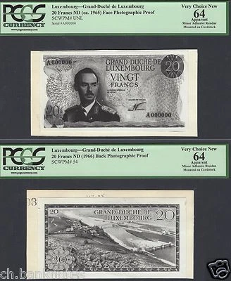 Luxembourg Face & Back 20 Francs ND Ca 1965 Photographic Proof Uncirculated - Image 1 of 2