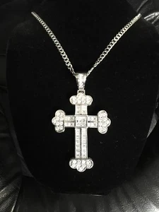 Fantastico 106,4 gr. Ciondolo in argento sterling 30 pollici catena a maglie cubane e croce zirconi - Foto 1 di 11