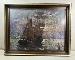 VTG Pastel Drawing Ships Boats At Sea Signed & Dated - Picture 1 of 12
