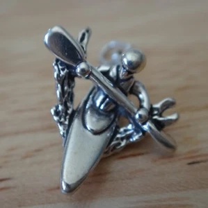 Sterling Silver 3D 25x19mm Boat White water Kayaker Kayak & Paddle Charm - Picture 1 of 5
