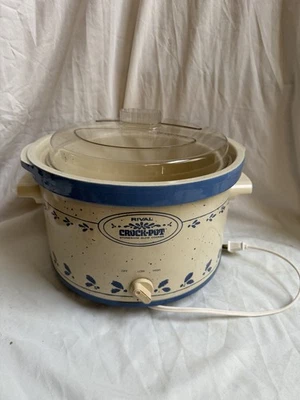 Vintage Rival Crock-Pot 3355 Stoneware Slow Cooker Blue Floral 5 Qt Tested - Image 1 of 4