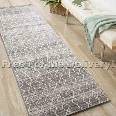 SULIS MOROCCAN DIAMONDS SILVER GREY MODERN RUG RUNNER (M)80x300cm *FREE DELIVERY - Image 1 of 4