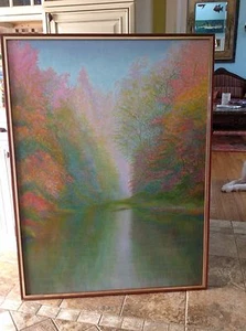 Beautiful vintage estate original oil painting Signed Pond revisited pastel - Picture 1 of 10
