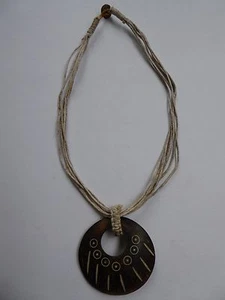 Tropicalia Multi layer Beaded Beige Necklace Pendant Wood Circle Boho Indie Pac - Picture 1 of 1