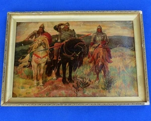HORSEMEN Kievan Rus' KNIGHTS/3 BOGATYRS/Big OLEOGRAPH Painting Repro IZOGIZ 1961 - Picture 1 of 10