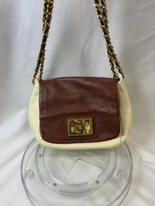 Tory Burch Leather Shoulder Bag Chain Link Crossbody Bag Brown White - Picture 1 of 16