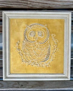 VTG MCM Owl Crewel Embroidery on Velvet Art 16x16 Framed Boho Handmade Folk Art - Picture 1 of 6