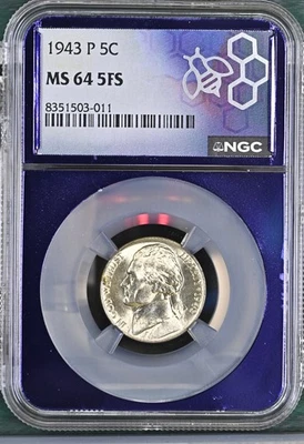 1943 P Jefferson Nickel NGC MS-64 5FS | Purple Core - Image 1 of 2
