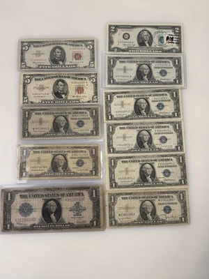 Lot Of Old Silver Certificate Blue Seal Dollars, 1923-57, Red Seal $5 1953 x2 + - Image 1 of 4