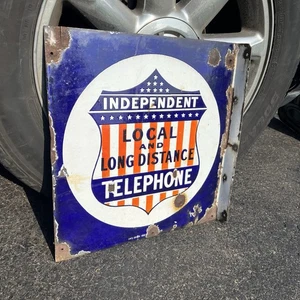 VTG OR ANTIQUE INDEPENDENT LOCAL LONG DISTANCE PORCELAIN TELEPHONE FLANGE SIGN - Picture 1 of 11