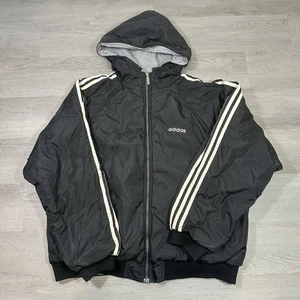 Vintage 90s Adidas Reversible Black/ Grey Hoodie Hooded Bomber Jacket Men Size L - Picture 1 of 20
