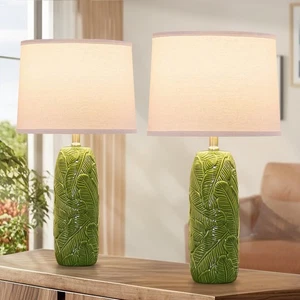 25” Green Lamps Set of 2 with Leaves Design for Living Room Bedroom Retro Cer... - Picture 1 of 7