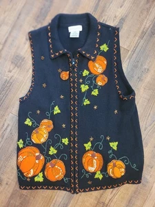 VTG 90's White Stag Women’s Knit Pumpkin Halloween Vest Size M Black Fall Zip Up - Picture 1 of 4