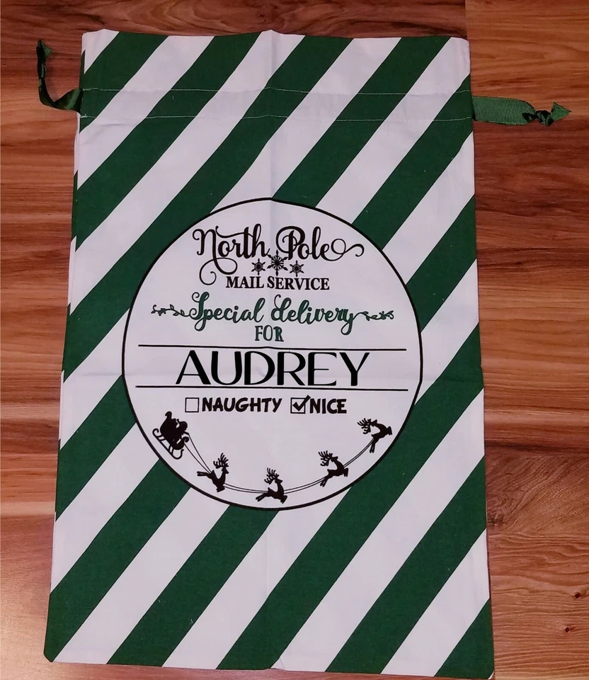 大号圣诞老人背包帆布绿色条纹圣诞包个性化带名字!! — 第 1/1 张图片