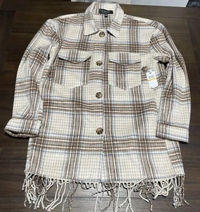 NWT Laundry by Shelli Segal Women's Plaid Fringe Shacket Long Sleeve Pocket Med - Picture 1 of 8