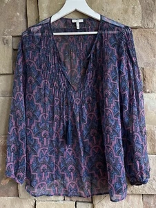 Joie Tie Neck Silk Peasant Blouse In Blue & Purple, Large - Picture 1 of 6