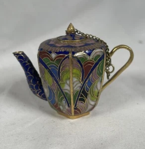 Cloisonne Teiera Miniatura Smaltata Rame Placcato Oro 2" Vintage Cinese - Foto 1 di 8