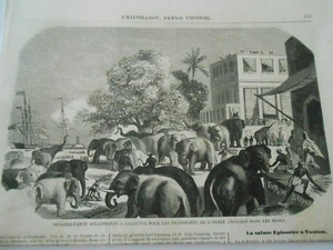 Gravure 1858 - Débarquement des Eléphant à Calcutta Indes - Bild 1 von 1