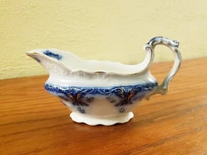 Antique Johnson Bros. Flow Blue Gravy Boat 7.5" Embossed Scalloped Handled - Picture 1 of 8