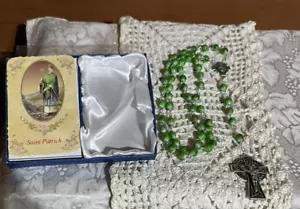 '' ST. PATRICK IRISH MARBLED ROSARY 6 & 8MM beads, 15-1/2"L, CRX 1-7/8"L, NEW - Picture 1 of 4