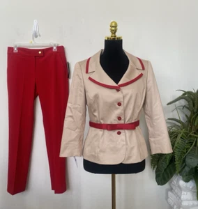 NWT Tahari Arthur S. Levine Beige Red Polyester 2 Piece Pant Suit Size 6/4 $280 - Picture 1 of 11