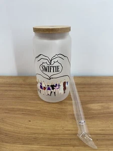 Taylor Swift Tumbler Reusable 18oz Frosted Glass Bamboo Lid Straw Music Bottle - Picture 1 of 12