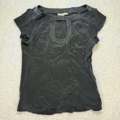 Nanette Lepore top womens 8 black gray 100% Silk Top Keyhole Short Sleeve Blouse - Image 1 of 4