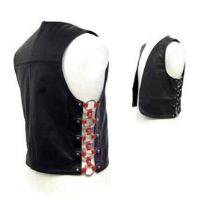 Men’s Genuine Leather Motorcycle Club Style– Adjustable Red Side Lace Biker Vest - Picture 1 of 2